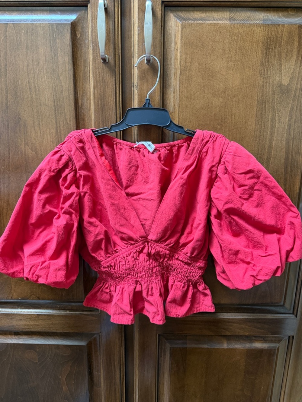 Smocked Waist Red Puff Sleeve Crop Top with V-Neck